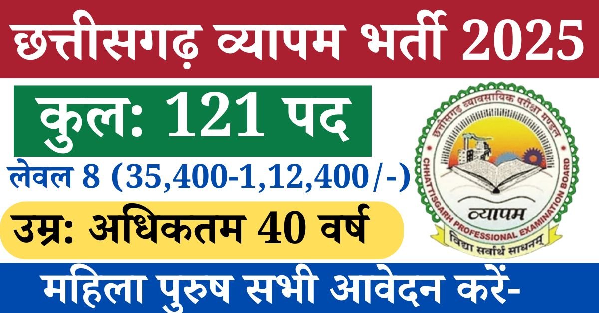 CG Vyapam Sub Engineer Recruitment 2025: छत्तीसगढ़ व्यापम भर्ती 121 पद के लिए 40 साल तक के उम्मीदवार आवेदन करें