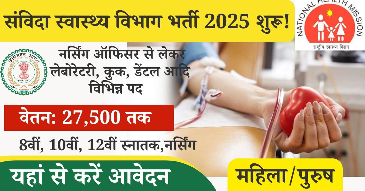 Samvida Bharti Chhattisgarh 2025 NHM: छत्तीसगढ़ गरियाबंद राष्ट्रीय स्वास्थ्य मिशन के तहत विभिन्न पदों पर संविदा के आधार पर कल 113 रिक्तियां जारी की गई जिसके अंदर नर्सिंग ऑफिसर स्टाफ नर्स आदि विभिन्न पद है, और शैक्षणिक योग्यता आठवीं 10वीं 12वीं नर्सिंग